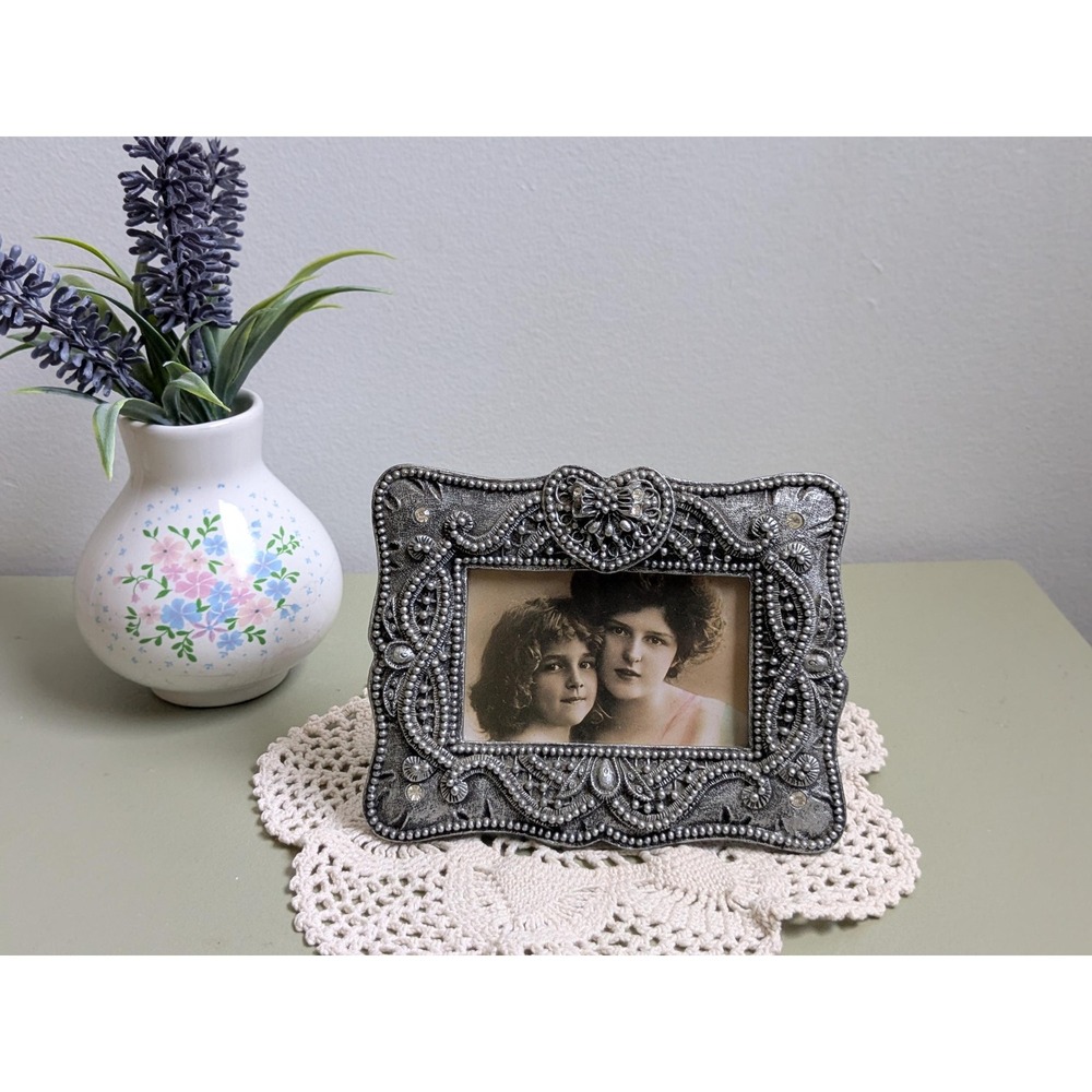 Vintage Ornate Silver Picture Frame with Heart Bow, Rhinestone Photo Frame
